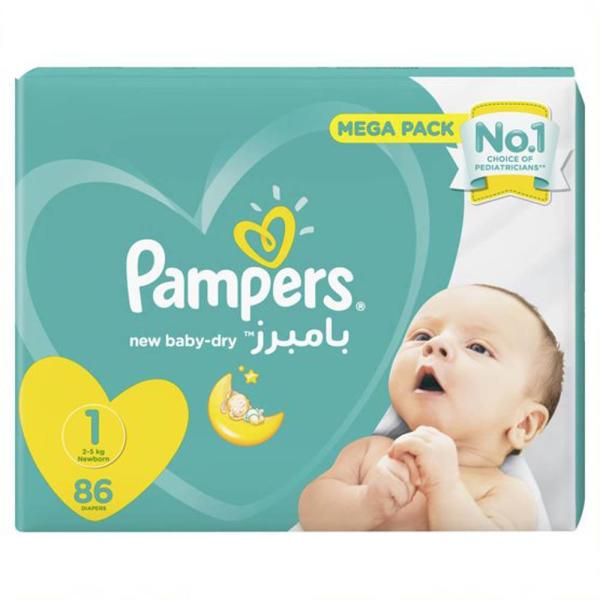 Pampers New Baby-Dry Diapers, Size 1, Newborn, 2-5kg, Mega Pack - 86 Diapers