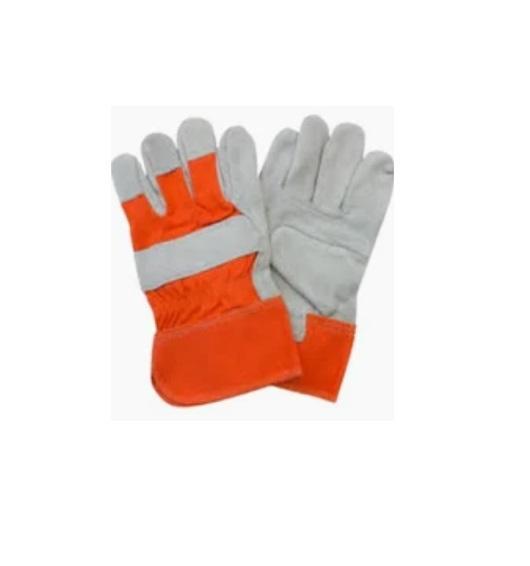 TOUGH, MADE IN PAKISTAN - 10.5 HEAVY DUTY AB GRADE LEATHER SINGLE PALM WORKING GLOVES, WITH COTTON BACK PATCH, RED/ORANGE ZEAN BACK PATCH, RUBBERIZED CUFF.