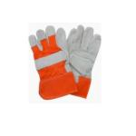 TOUGH, MADE IN PAKISTAN - 10.5 HEAVY DUTY AB GRADE LEATHER SINGLE PALM WORKING GLOVES, WITH COTTON BACK PATCH, RED/ORANGE ZEAN BACK PATCH, RUBBERIZED CUFF.