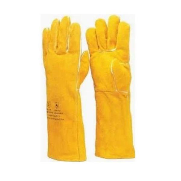 TOUGH, MADE IN PAKISTAN - 16 MUSTARD SPLIT LEATHER WELDER GLOVES WITH DOUBLE PALM AND DOUBLE CUFF, WITH FULL LINING AND KEVLAR STITCH