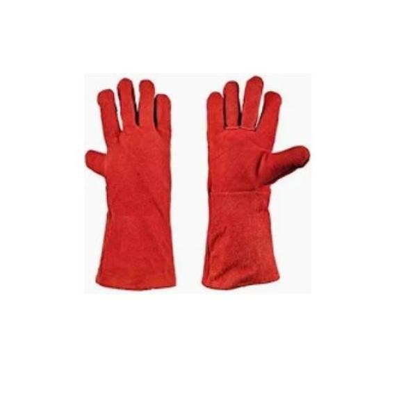 TOUGH, MADE IN PAKISTAN - 16 RED SPLIT LEATHER WELDER GLOVES WITH FULL LINING AND BLACK PIPING, A GRADE LEATHER