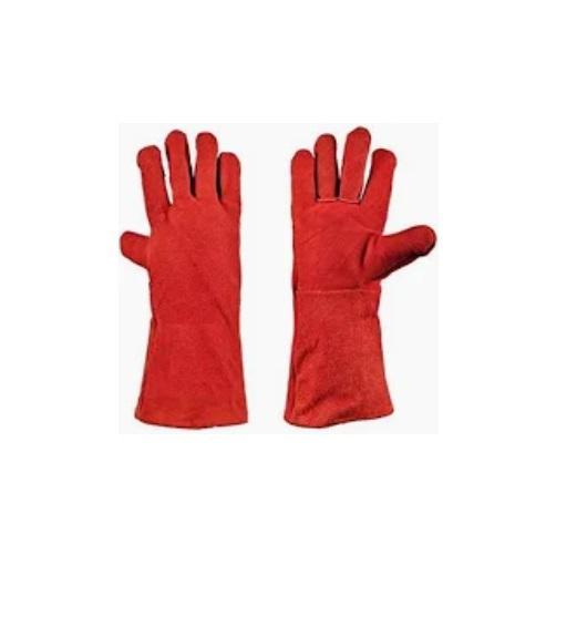 TOUGH, MADE IN PAKISTAN - 16 RED SPLIT LEATHER WELDER GLOVES WITH FULL LINING AND BLACK PIPING, A GRADE LEATHER